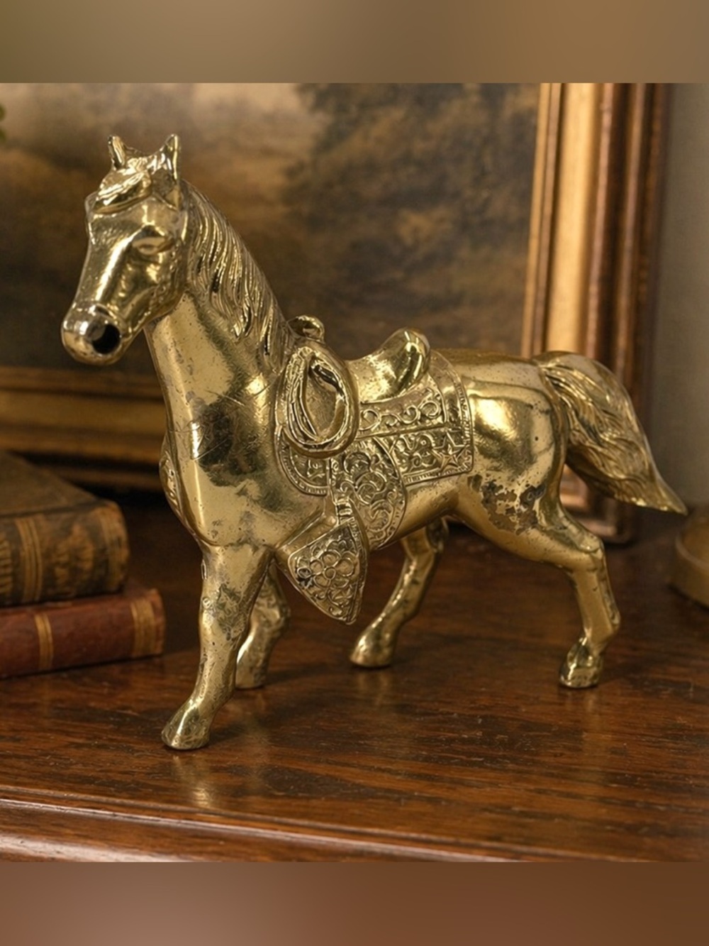 Vintage Gold Tone Cast Metal Horse Figurine Equestrian Decor 7.5"